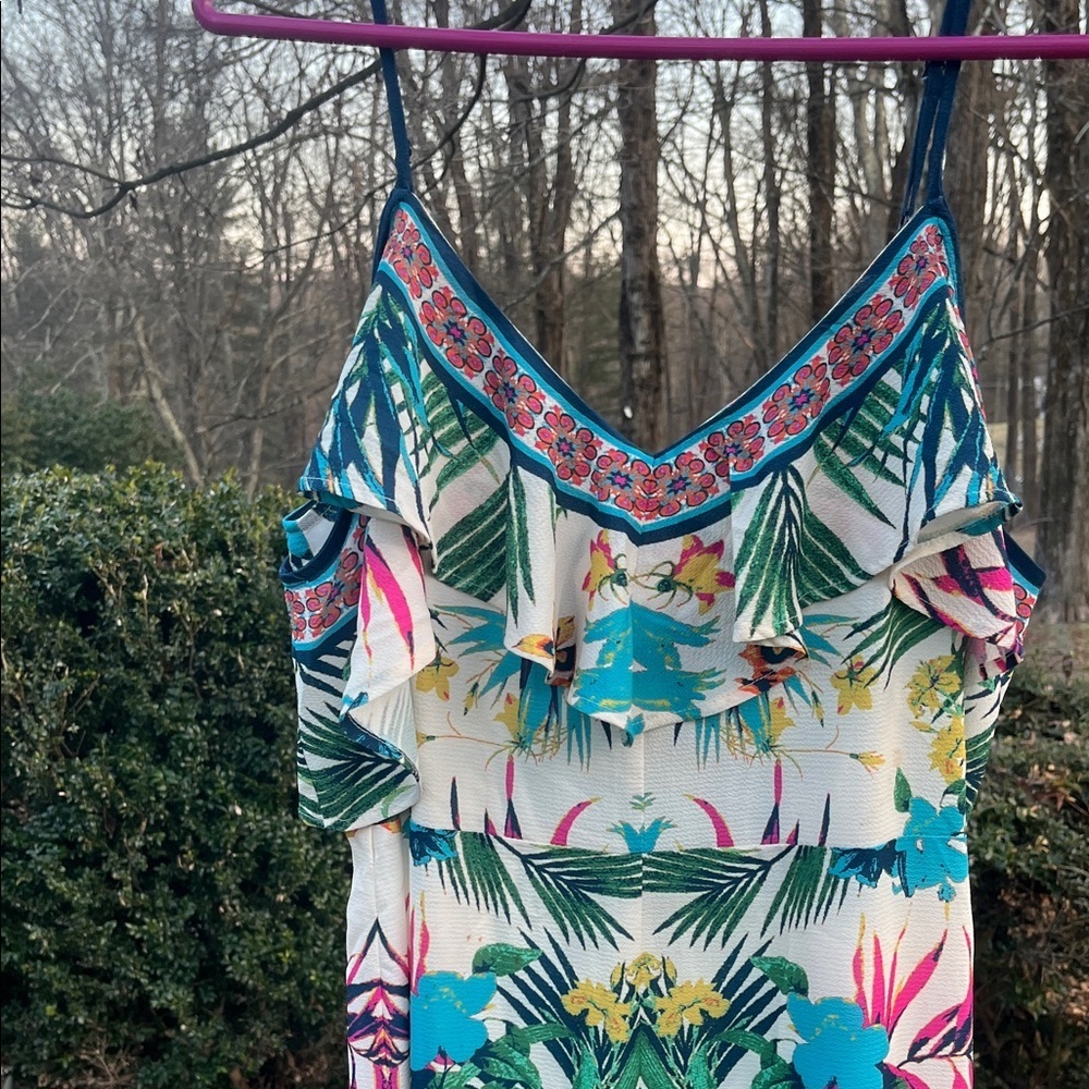 Flying Tomato Tropical Floral Ruffle Jumpsuit in Teal, Pink, Green - Picture 2 of 5